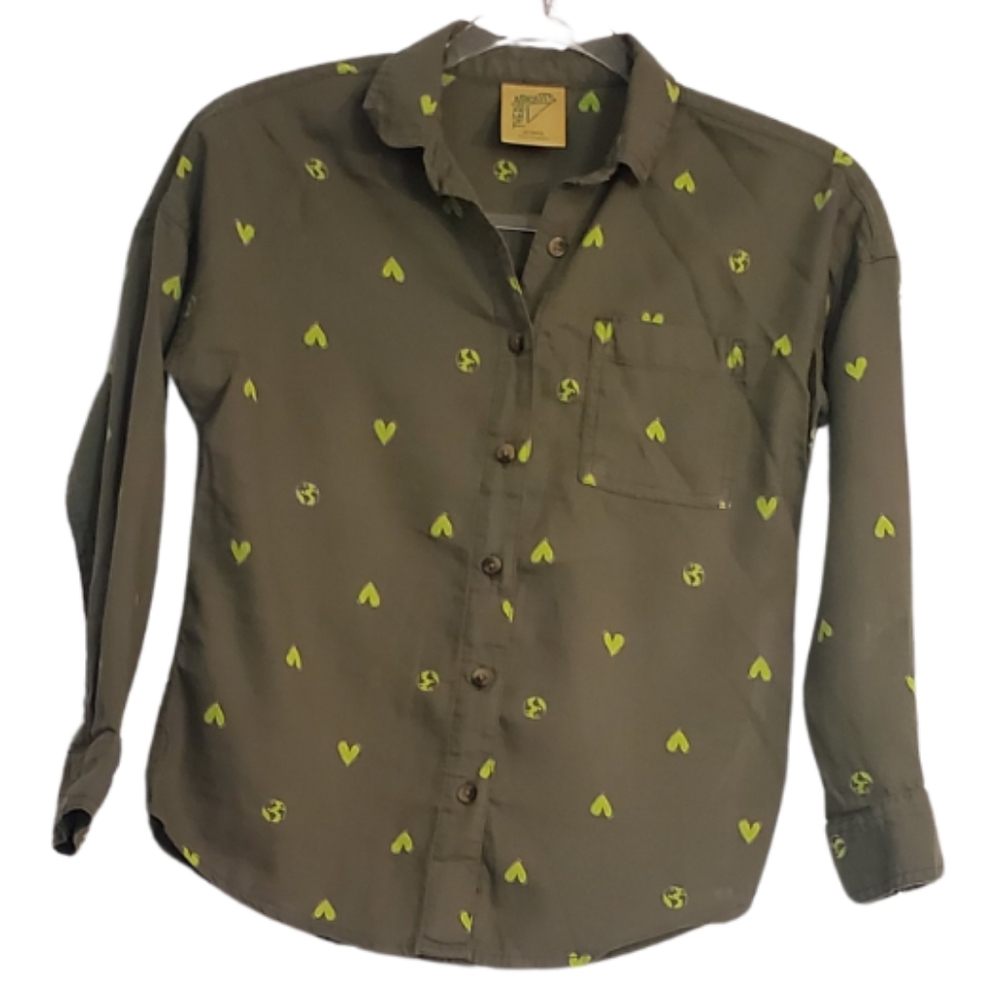 Kids Green Button Down Shirt size m 10/12 cotton and modal blend soft, nerdy
